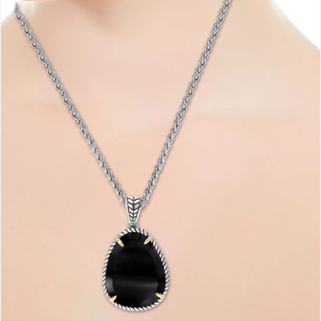 Effy 8.1 Ct. T.W. Onyx Pendant Necklace In Sterling Silver 18kt Gold/ Bnwt